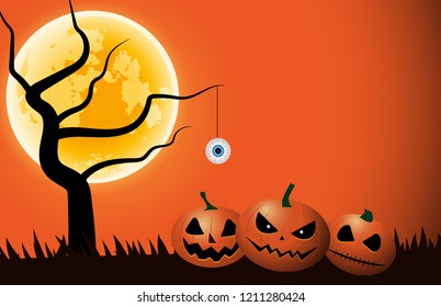 Pumpkins, eyeball and tree cartoon in halloween night with fullmoon. 