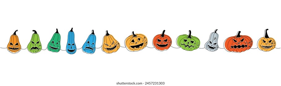 Pumpkins faces set. Pumpkins with scary faces one line colored continuous drawing. Autumn halloween vegetables continuous one line illustration.