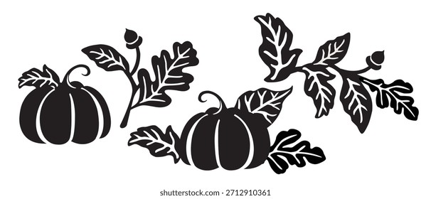 Conjunto de iconos de calabazas y hojas de otoño. Otoño Elementos naturales. Blanco y negro. Ilustración vectorial dibujada a mano. Plantilla de diseño de tarjeta de felicitación. Concepto de decoración