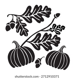 Pumpkins And Fall Leaves Icon Set. Autumn Natural Elements. Black and White. Hand Drawn Vector Illustration. Greeting Card Design Template. Decoration Concept