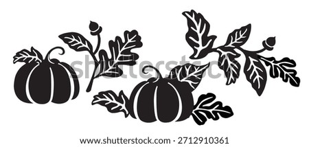 Pumpkins And Fall Leaves Icon Set. Autumn Natural Elements. Black and White. Hand Drawn Vector Illustration. Greeting Card Design Template. Decoration Concept