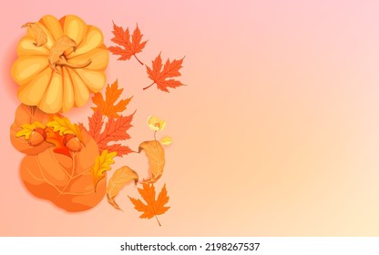 Kürbis, Herbstblätter und Gewürze auf rosafarbenem, flachem Hintergrund mit Draufsicht und Kopienraum.