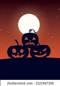 pumpkins with fear face in scene of halloween scene vector illustration design