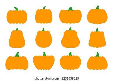 Pumpkins flache Symbole gesetzt. Unterschreiben Sie ein Halloween-Kit. Thanksgiving Piktogramm Sammlung Farm Ernte, Nahaufnahme Squash, Gemüse. Einfaches Symbol für Kürbis auf buntem Hintergrund einzeln auf weißem Hintergrund