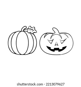 Pumpkins flat vector icon isolated on white.  Hand drawn simple doodle clipart in a trendy style. Halloween theme character. For menu, logo, banner, cards.  Black and white outline