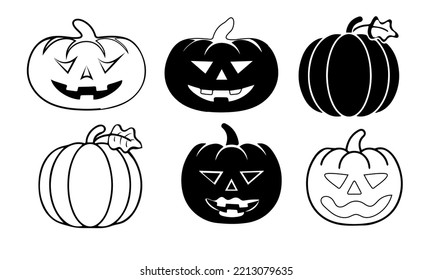 Pumpkins flat vector icon isolated on white.  Hand drawn simple doodle clipart in a trendy style. Halloween theme character. For menu, logo, banner, cards.  Black and white outline