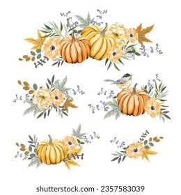 Pumpkins, flowers, bird, maple leaves, white background. Vector illustration. Nature design. Autumn season