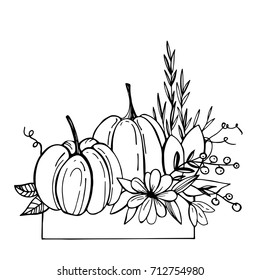 Pumpkins and flowers. Hand-drawn vector illustration.