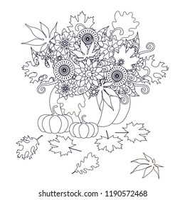 Pumpkins with flowers, maple and oak leaves monochrome typography banner, postcard stock design element stock vector illustration for web, for print
