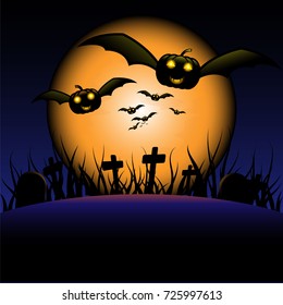 Pumpkins flying in halloween night.