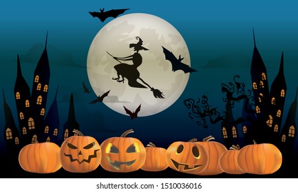 pumpkins flying witch bat moon halloween vector 