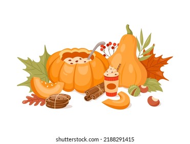 Platos de comida para calabazas. Ilustración vectorial para el día de Acción de Gracias y festividades de Halloween. Comida festiva de otoño con cena tradicional para afiches, menú, descuento, tarjetas de felicitación, invitación, oferta especial