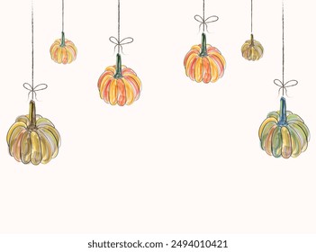 Pumpkins frame, autumn background, with place for text. Harvest Festival. Vector illustration in watercolor style.