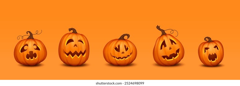 Pumpkins with frightening grimaces realistic color icons set. Halloween holiday jack-o-lantern 3d characters on orange background