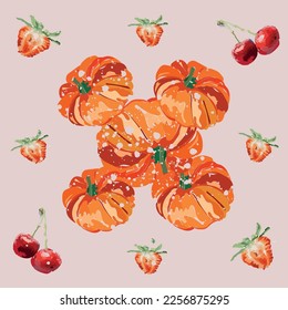 Pumpkins and fruit on a delicate pink background for your designs