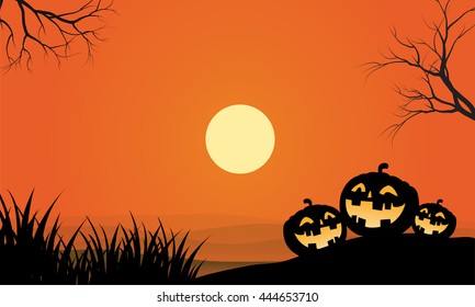 pumpkins and fullmoon halloween orange backgrounds vector design