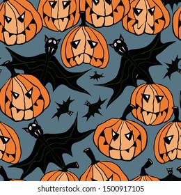 Pumpkins, funny faces, bats, cartoon characters haloween motif,on blue background. Vector seamless pattern.