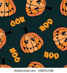Pumpkins, funny faces,  boo text, cartoon characters,o n dark blue background. Vector seamless pattern.