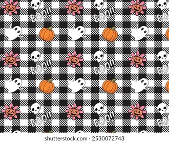 Pumpkins and ghost print over buffalo plaids
