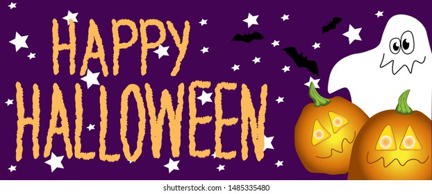 Pumpkins and ghosts on a purple background, bats, stars of white color, yellow and orange colors, greeting card for design and decoration vector illustration