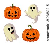 Pumpkins and ghosts on white background. Classic Halloween pumpkin and flying ghosts. Characters for design for Halloween holiday. Vector illustration, isolated