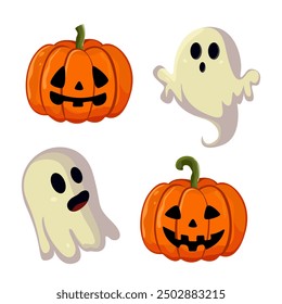 Pumpkins and ghosts on white background. Classic Halloween pumpkin and flying ghosts. Characters for design for Halloween holiday. Vector illustration, isolated