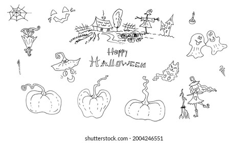 Pumpkins, ghosts, witch, cat, web. Decorative items for Halloween. Linear drawing. Sketch. Vector illustration.