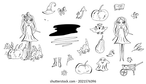 Pumpkins, ghosts, witch, cat, web. Decorative items for Halloween. Line art. Vector illustration.