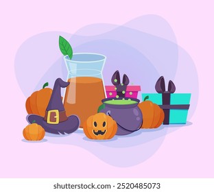 Pumpkins, gift boxes, Turkish tea glass, witch hat, cauldron on abstract background. Halloween banner design. Celebration, holiday, party concept. Vector illustration for postcard or poster