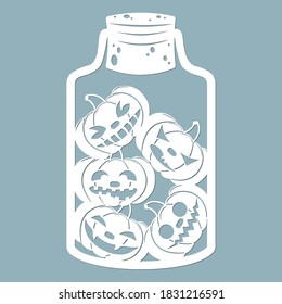 Pumpkins in a glass jar. Laser cut. Vector illustration. Pattern for the laser cut, serigraphy, plotter and screen printing.