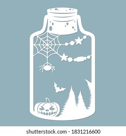 Pumpkins in a glass jar. Laser cut. Vector illustration. Pattern for the laser cut, serigraphy, plotter and screen printing.