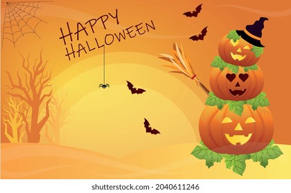 Pumpkins with glowing eyes, a full moon and mystical animals. A funny drawing, postcard or banner for the Halloween holiday. Vector illustration.