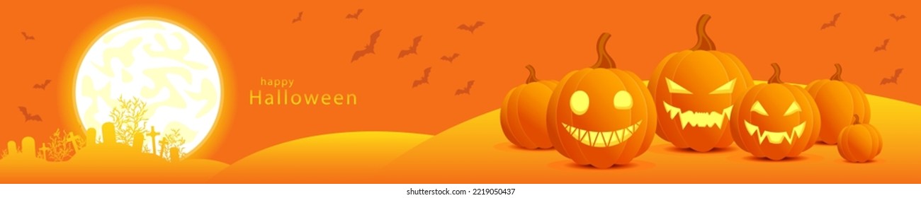 Pumpkins with glowing faces on an orange background, a graveyard on the horizon and a full moon. Happy Halloween, vector illustration in warm colors. Banner for the site header with pumpkin lanterns