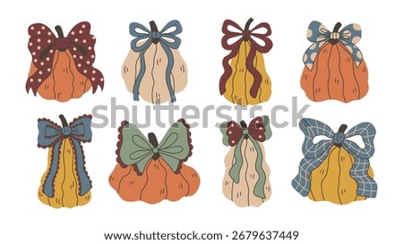 Pumpkins And Gourds with Bows Set. Playful hand drawn curvy Squash shapes tied with curly Ribbons. Flat vector illustration for Fall Autumn Thanksgiving Harvest Festival design