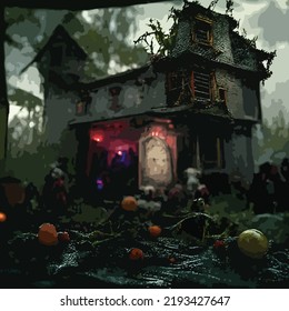 Pumpkins in the Graveyard on Ghost Night Halloween Background. Cemetery cemetery in scary ghosts, dark night, full moon bats on trees.
dark castle on blue moon.Dark horror. Celebration theme.