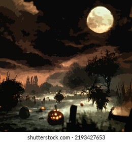 Pumpkins in the Graveyard on Ghost Night Halloween Background. Cemetery cemetery in scary ghosts, dark night, full moon bats on trees.
dark castle on blue moon.Dark horror. Celebration theme.