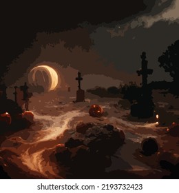 Pumpkins in the Graveyard on Ghost Night Halloween Background. Cemetery cemetery in scary ghosts, dark night, full moon bats on trees.
dark castle on blue moon.Dark horror. Celebration theme.