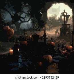 Pumpkins in the Graveyard on Ghost Night Halloween Background. Cemetery cemetery in scary ghosts, dark night, full moon bats on trees.
dark castle on blue moon.Dark horror. Celebration theme.