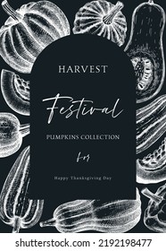 Pumpkins greeting card arc design. Thanksgiving background on chalkboard. Autumn food vintage sketches. Vector vegetables, butternut squash, marrow, pumpkin sketches. Fall harvest invitation.