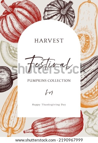 Pumpkins greeting card or flyer arc design. Thanksgiving background in color. Autumn food vintage sketches. Vector vegetables, butternut squash, marrow, pumpkin sketches. Fall harvest invitation.