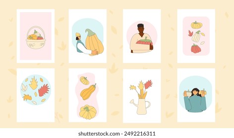 Pumpkins greeting cards set. Autumn ripe vegetables harvest collection. Vector illustration.