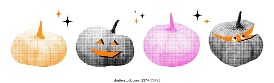 Pumpkins halftone collage elements set. Halloween grunge clip art, modern retro cutout shapes, funny Thanksgiving day symbol. Vector illustration isolated on transparent background