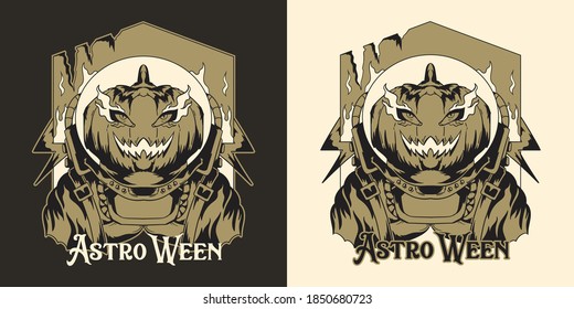 Pumpkins Halloween Astronout Space Badge Monochrome Vintage Isolated Vector Illustration Apparel