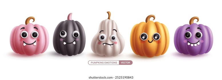 Pumpkins halloween characters set vector design. Halloween colorful pumpkin character with happy, naughty, smiling and sad facial expression isolated white collection. Vector illustration cute pumpkin