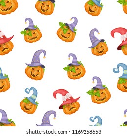 pumpkins for halloween in hats, seamless pattern, vector