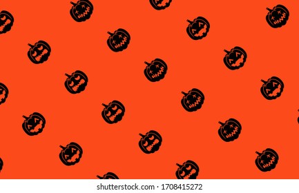 Pumpkins for Halloween icon set background in black or pumpkin face isolated on orange background. Collection of silhouette spooky images. Vector EPS 10