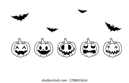 Pumpkins for Halloween icon set in black or pumpkin face isolated on white background. Collection of silhouette spooky images. Vector EPS 10