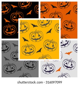 pumpkins for Halloween with a scary smile on colored backgrounds. seamless pattern
