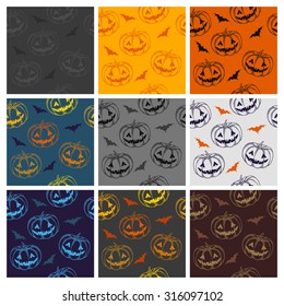 pumpkins for Halloween with a scary smile on colored backgrounds. seamless pattern