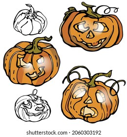 Pumpkins for Halloween, set. Graphic drawing of Jack's lantern. Red pumpkins with cutouts for eyes and mouth. Smiling, funny. Holiday, surprise, congratulations. Printing on fabric and paper.